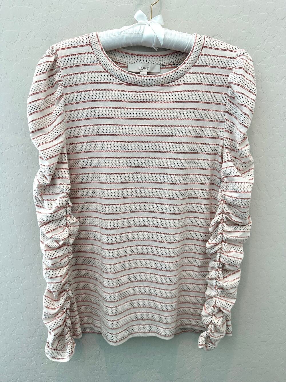 LOFT Ruched Sleeve Knit Top Striped Puff Sleeve Cottagecore Boho NWT Large